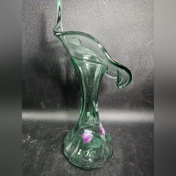 Green Glass Vase with Purple Floral Design - Picture 5 of 6